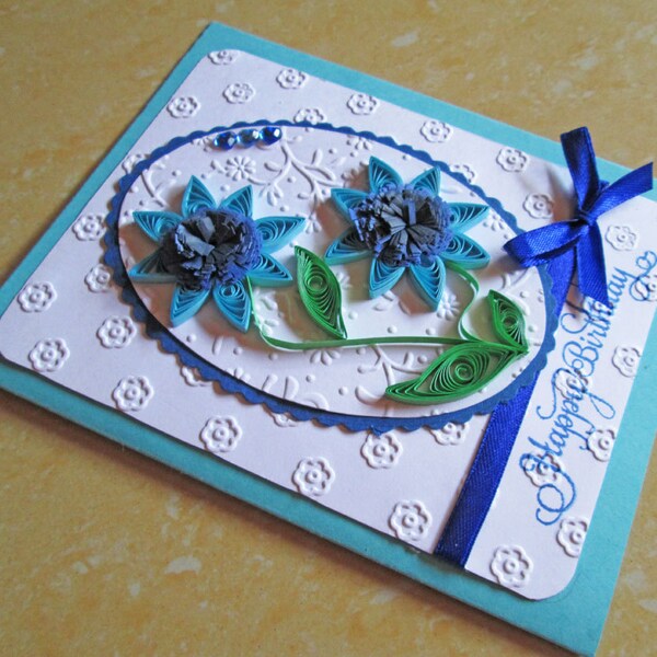 Paper Quilling Happy Birthday Card/ Quilled Birthday Card for mom, wife, grandma, girlfriend, 18th 21st 30th Birthday Card, Blue Floral Card
