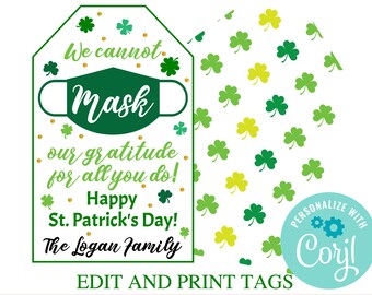 Face Mask Gift Tag, Printable Thank You Tag, Frontline Essential Worker Teacher Appreciation St Patricks Day Corporate Company School Staff