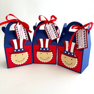 Cajas de regalo para el 4 de julio, decoraciones patrióticas del Día de la Independencia, caja de regalo roja, blanca y azul, bolsas de dulces, bolsas de golosinas, barbacoa del Tío Sam - 10