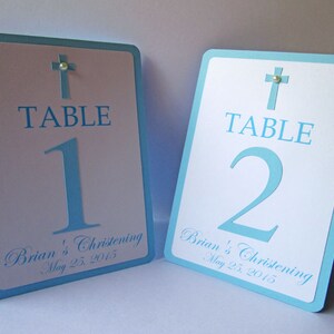 5 números de mesa de batismo de menino personalizados, cartões de mesa de batizado, confirmação, comunhão, decorações de batismo de menino, dupla face, tenda