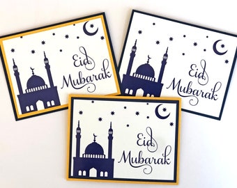 Tarjetas Eid Mubarak, tarjetas de felicitación Happy Eid, saludos islámicos, tarjeta Eid moderna, tarjeta del festival musulmán, juego de 4