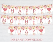 Mothers Day Printable Banner, Digital Floral Happy Mother's Day Decor, Instant Download, Gift for Mom, Mum, Grandma