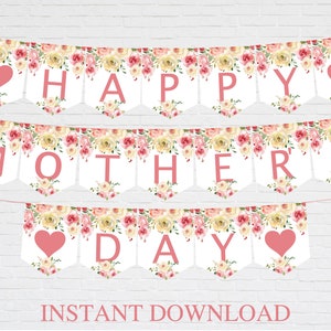 Pu&ograve; includere: Un set di banner con le parole "HAPPY MOTHERS DAY" in lettere rosa. Ogni banner &egrave; decorato con composizioni floreali nei toni del rosa, giallo e bianco. Sono inclusi anche cuori rosa. Le parole "INSTANT DOWNLOAD" sono in basso.