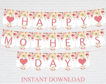 Mothers Day Printable Banner, Digital Floral Happy Mother's Day Decor, Instant Download, Gift for Mom, Mum, Grandma