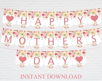 Mothers Day Printable Banner, Digital Floral Happy Mother's Day Decor, Instant Download, Gift for Mom, Mum, Grandma