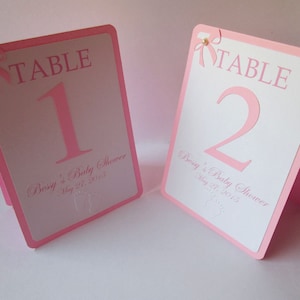5 números de mesa de chá de bebê rosa menina, cartões de mesa de chá de bebê, dupla face, tenda, decoração de chá de bebê