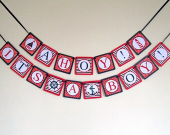 Pancarta náutica para baby shower, Pancarta "¡Ahoy, es un niño!", Pancarta náutica, Baby shower náutico, Decoración de baby shower con ancla, Baby shower de niño en rojo y azul