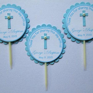 20 toppers de cupcake azuis personalizados para batismo, primeira comunhão, confirmação, batizado, decoração de batismo, toppers de batismo, festa de batismo