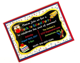 Back to School Invitations, End of Summer Party Invitation, Chalkboard Invite, School Supplies, Set of 10