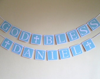 Boy Baptism Banner, Blue Christening Banner, First Communion, Confirmation, God Bless Banner, Baptism Decorations, Religious Banner