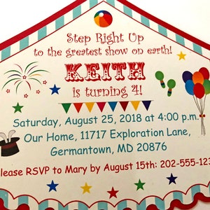 Puede incluir: Una invitaci&oacute;n colorida con tem&aacute;tica de circo para una fiesta de cumplea&ntilde;os. La invitaci&oacute;n presenta una carpa con rayas rojas y blancas con un borde de rayas azules y blancas. El texto de la invitaci&oacute;n dice: "Step Right Up to the greatest show on earth! Keith is turning 4! Saturday, August 25, 2018 at 4:00 p.m. Our Home, 11717 Exploration Lane, Germantown, MD 20876 Please RSVP to Mary by August 15th: 202-555-1234".