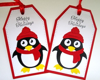 Penguin Christmas Gift Tags, Red Ribbon, Set of 5