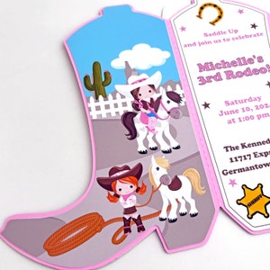 Roze Cowgirl uitnodiging, Cowgirl verjaardagsfeestje uitnodigt, Rodeo, Western uitnodigen, Disco kosmische ruimte thema, kleine Cowgirl baby shower 10 afbeelding 4