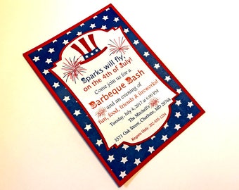 Invitación del 4 de julio, invitación del 4 de julio, invitación de barbacoa del día de la independencia, fiesta patriótica barbacoa, rojo, blanco y azul
