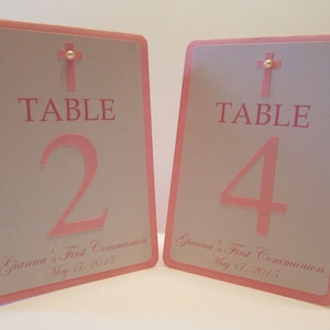 5 números de mesa de batismo de meninas, cartões de mesa de batizado, confirmação, comunhão, decorações de batismo rosa, dupla face, tenda