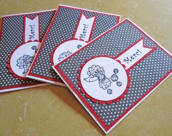 Thank You Cards Set, French Poodle Merci Note Card set of 3, Thank You Note Cards, Thank You Notecards