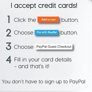 Pu&ograve; includere: Scheda bianca con istruzioni su come pagare con carta di credito. I passaggi includono: fare clic sul pulsante "Aggiungi al carrello", scegliere "Paga con PayPal" e selezionare "PayPal Guest Checkout". Il testo indica che non &egrave; necessario registrarsi a PayPal.
