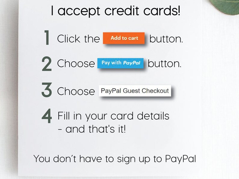 Pu&ograve; includere: Scheda bianca con istruzioni su come pagare con carta di credito. I passaggi includono: fare clic sul pulsante "Aggiungi al carrello", scegliere "Paga con PayPal" e selezionare "PayPal Guest Checkout". Il testo indica che non &egrave; necessario registrarsi a PayPal.
