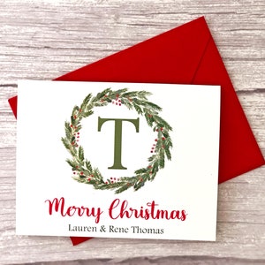 Tarjetas navideñas con coronas personalizadas, juegos de tarjetas navideñas con monogramas, tarjetas navideñas con coronas, papelería navideña en caja, tarjetas de Feliz Navidad
