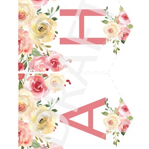 Pu&ograve; includere: Un banner con un design floreale con rose ad acquerello nei toni del rosa, pesca e crema. Lo striscione ha le lettere "H A" in un colore rosa tenue. Lo sfondo &egrave; bianco.