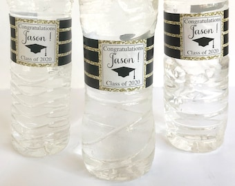 Graduation Party Water Bottle Sticker Labels,  Personalized Graduation Party Decorations, Class of 2026 Wrappers, Black and Gold, Set of 20