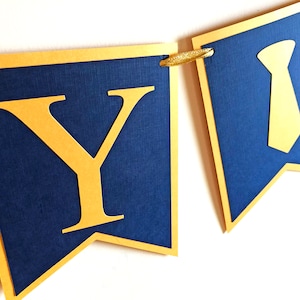 May include: A banner with navy blue pennants and gold accents. The pennants are strung together with gold cord. One pennant has a gold letter "Y", and another has a gold tie shape. The banner is likely for a party or celebration.