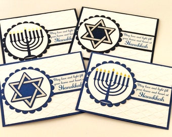 Happy Hanukkah Cards, Jewish Holiday Greeting Cards, Hanukkah Decoration,  Star of David, Menorah-Set of 4