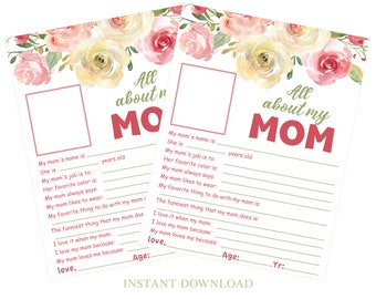 All About Mom Printable, Mother's Day Survey, Kids Questionnaire, Digital Quarantine Mothers Day Gift From Kids To Mommy, Instant Download