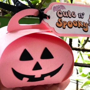 Puede incluir: Una caja de regalo rosa con tem&aacute;tica de Halloween con forma de calabaza con una cara negra. La caja tiene un asa y una etiqueta que dice "Cute n' Spooky" con una ilustraci&oacute;n de murci&eacute;lago y fantasma. Se adjunta una cinta negra.