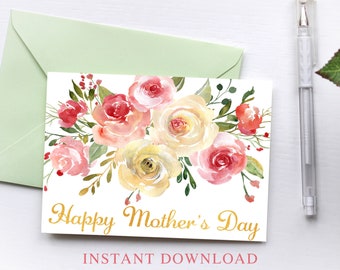 Happy Mothers Day Card, Printable Digital Floral Happy Mother's Day Greeting Card, Instant Download Gift for Mom, Mum, Grandma