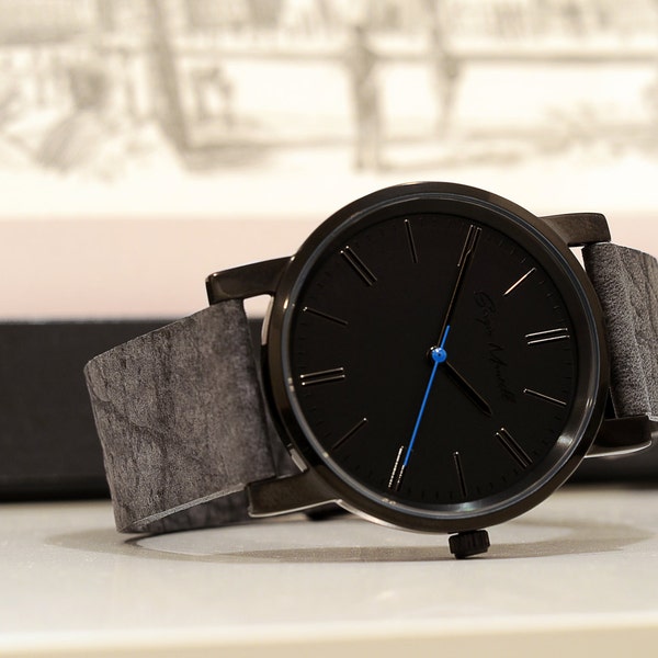 Black Leather Watch with Gray Strap, Mens watch, Wrist watch, Ladies watch, Unisex watch, Gift for Him, Gift for Her, Anniversary gift