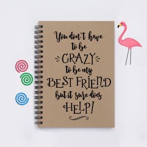 May include: A brown notebook with a spiral binding. The cover has a quote that reads "You don't have to be CRAZY to be my BEST FRIEND but it sure does HELP!"  A pink flamingo is on the right side of the notebook.