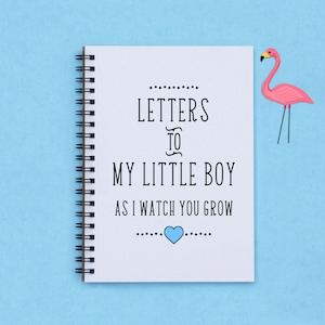May include: A white spiral bound notebook with the text "LETTERS TO MY LITTLE BOY AS I WATCH YOU GROW" and a blue heart. A pink flamingo is on the right side of the image.