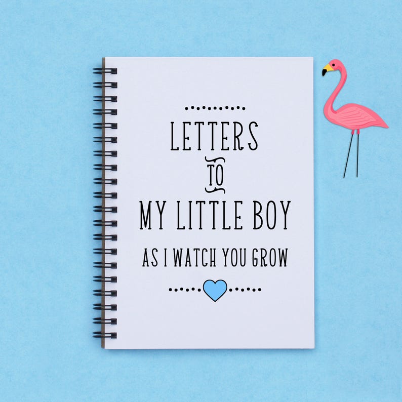 May include: A white spiral bound notebook with the text "LETTERS TO MY LITTLE BOY AS I WATCH YOU GROW" and a blue heart. A pink flamingo is on the right side of the image.