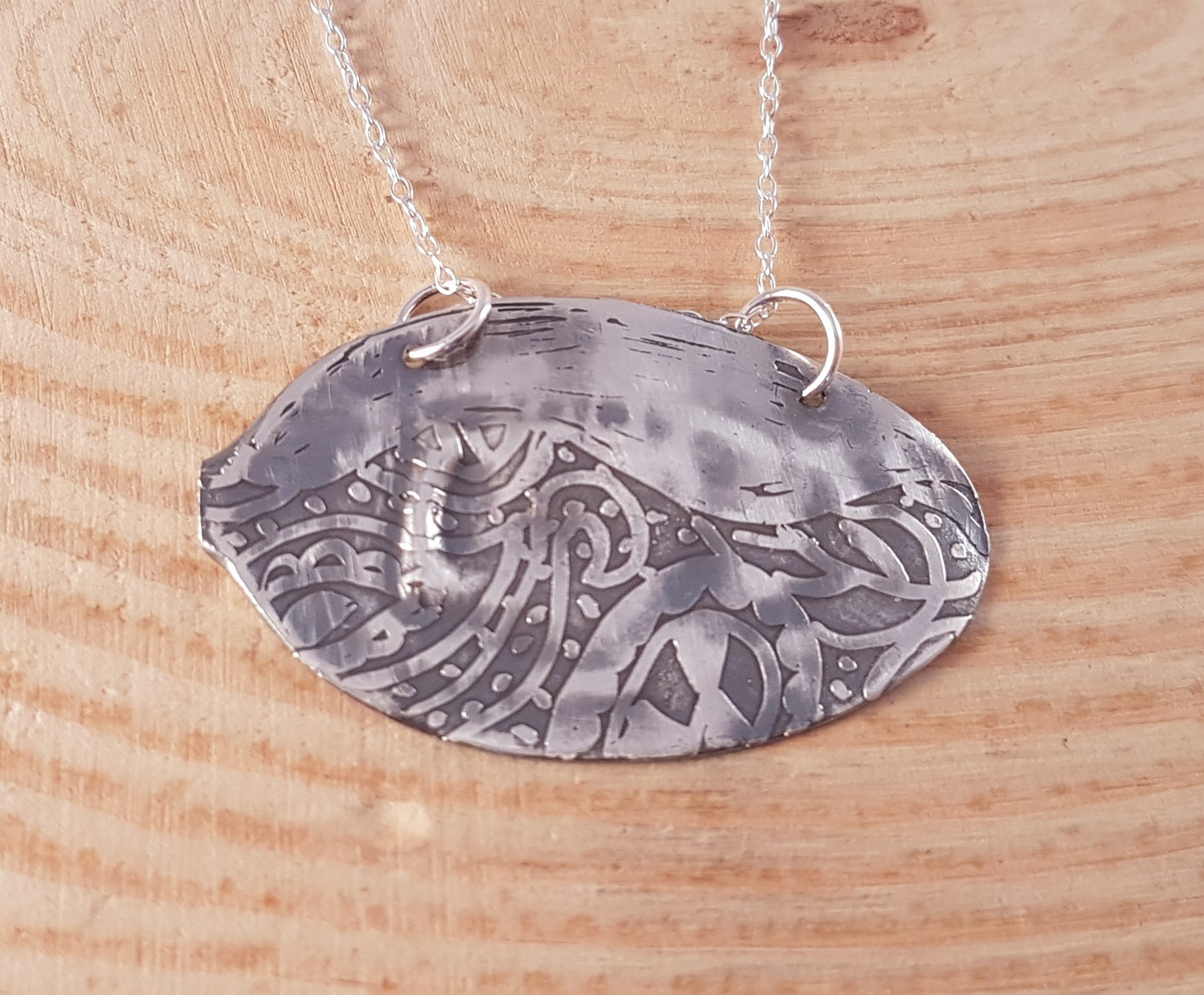 Hand Made Sterling Silver Upcycled Etched Teaspoon Necklace, Recycled Spoon Necklace, Upcycled Spoon Jewellery, Spoon Jewellery