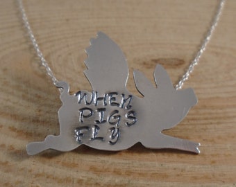 Sterling Silver Stamped When Pigs Fly Flying Pig Necklace