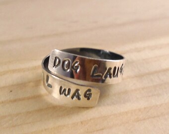 Sterling Silver Stamped Dog Laugh Tail Wag Adjustable Ring