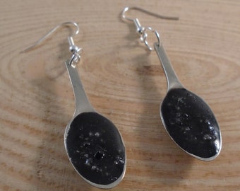 Upcycled Silver Plated Sugar Tong Black Spoon Drop Dangle Earrings