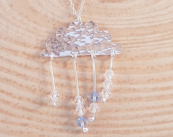 Hand Made Sterling Silver Hammered Rain Cloud Necklace with Swarovski Elements, Textured Silver Necklace, Weather Pendant