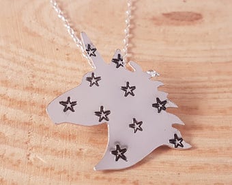 Hand Made Sterling Silver Star Stamped Unicorn Necklace, Unicorn Pendant, Gift For Unicorn Lovers, Fairytale Necklace, Stamped Jewellery