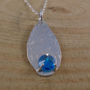 Sterling Silver Blue Cubic Zirconia Textured Teardrop Necklace