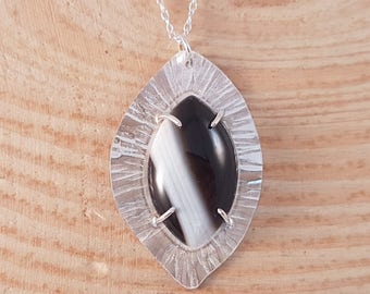 Hand Made Sterling Silver Hammered Black Agate Necklace, Monochrome Necklace, Agate Jewellery, Hammered Silver Necklace, Hammered Jewellery