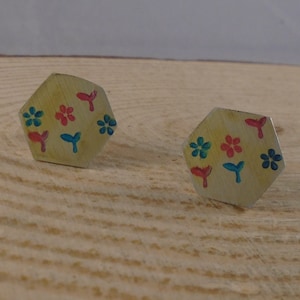 Anodised Aluminium Flower Hexagon Stud Earrings