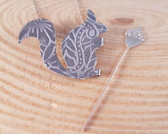 Hand Made Sterling Silver Etched Squirrel Necklace and Brooch, Three In One Jewellery, Squirrel Jewellery, Gift For Animal Lovers