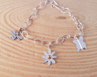 Hand Made Sterling Silver Garden Bracelet With Bee, Butterfly and Flower, Nature Bracelet, Gift For Gardeners, Charm Bracelet