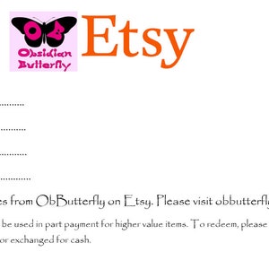 Bon cadeau pour les bijoux ObButterfly sur Etsy
