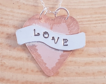 Handmade Sterling Silver Copper Heart Necklace: Tattoo Style 'Love' Pendant