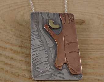 Sterling Silver, Copper and Brass Half Tiger Face Necklace