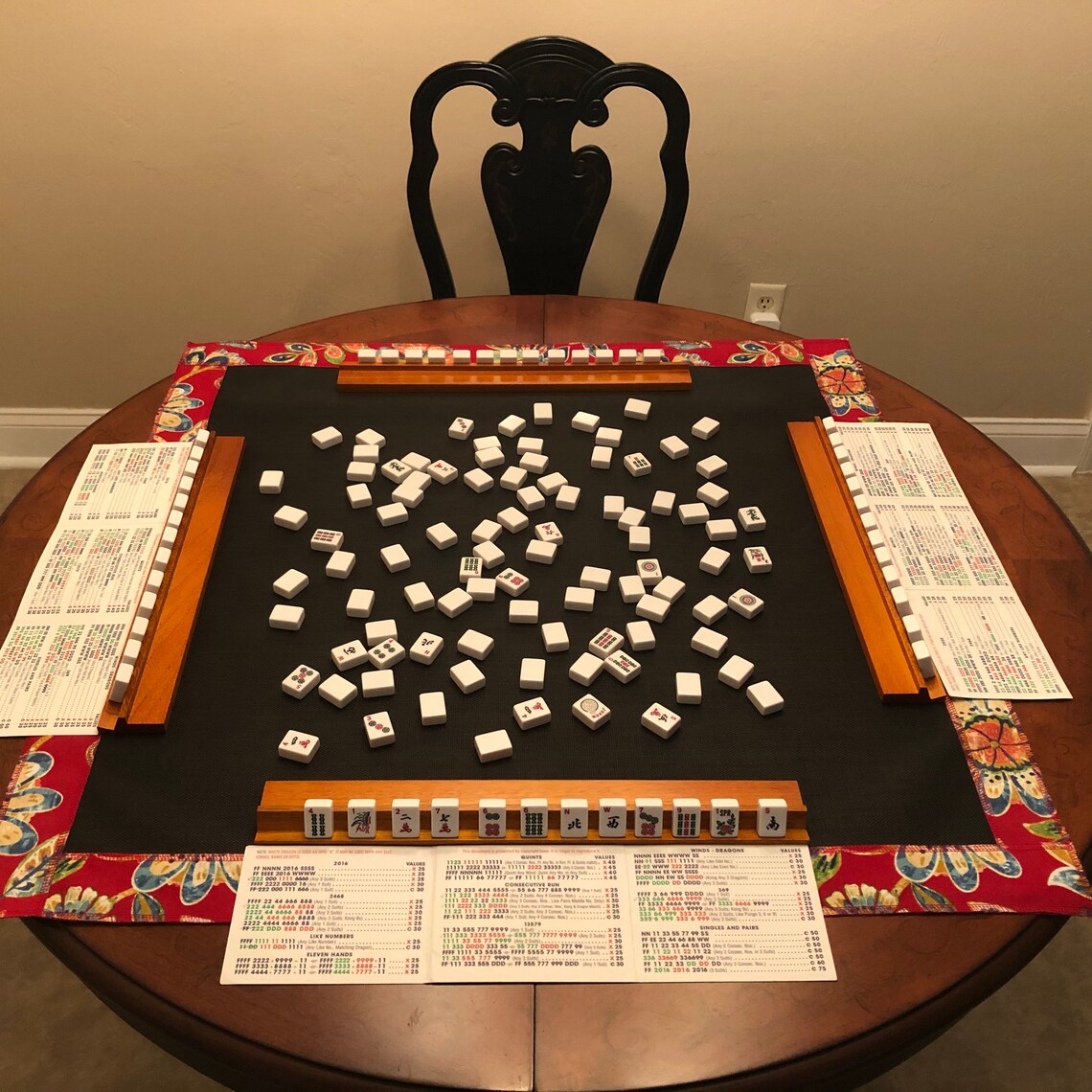 Mahjong Table Mat Red Flower Design With Coordinating Carry Etsy