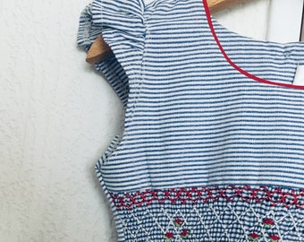 Blue Stripe Embroidered Smocked Dress